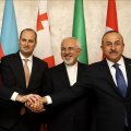 (From L) Foreign ministers of Azerbaijan, Elmar Mammadyarov; Georgia, Mikheil Janelidze; Iran, Mohammad Javad Zarif; and Turkey, Mevlut Cavusoglu meet in Baku on March 15.