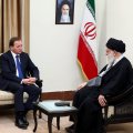 Ayatollah Seyyed Ali Khamenei receives Swedish Premier Stefan Lofven (C), as President Hassan Rouhani (L) looks on, in Tehran on Feb. 11.